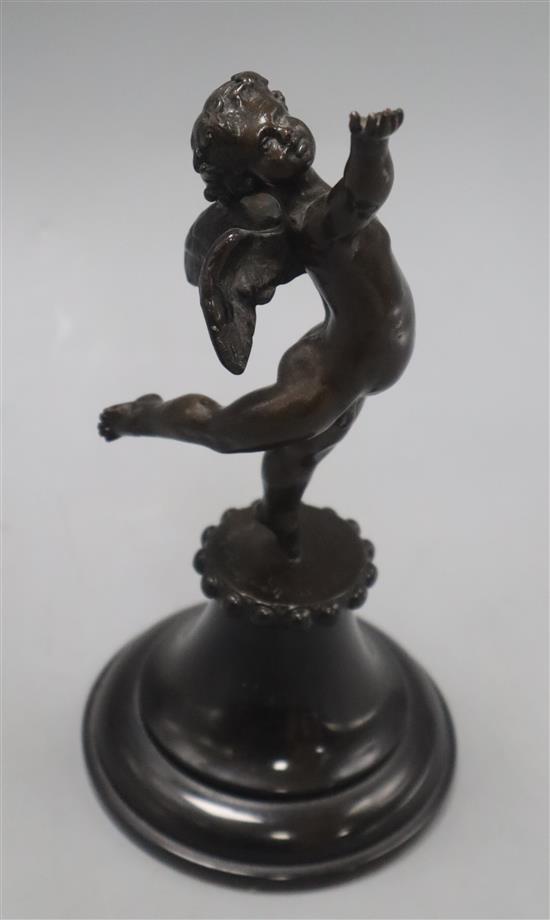 A small bronze Cupid figure, on stand, indistinctly signed M. Milford?, numbered 19/150 height 22cm